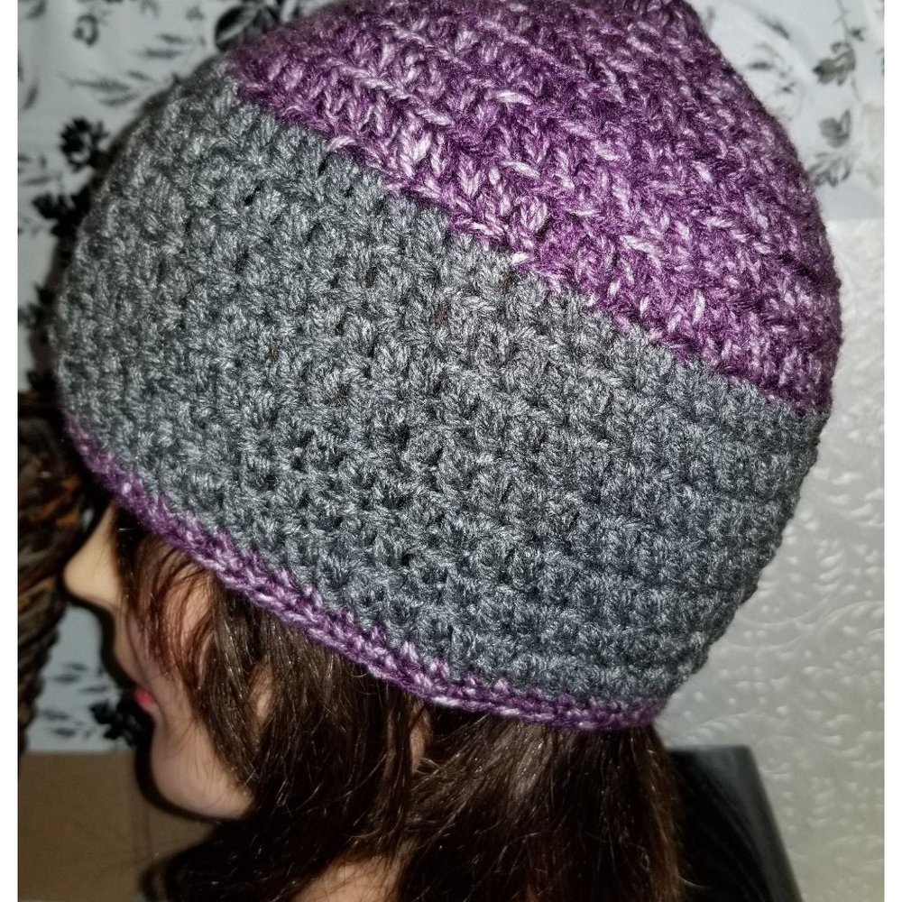 Adult Teen Beanie Grey Purple Heather Crochet Cable Knit Winter Watch Cap Hat